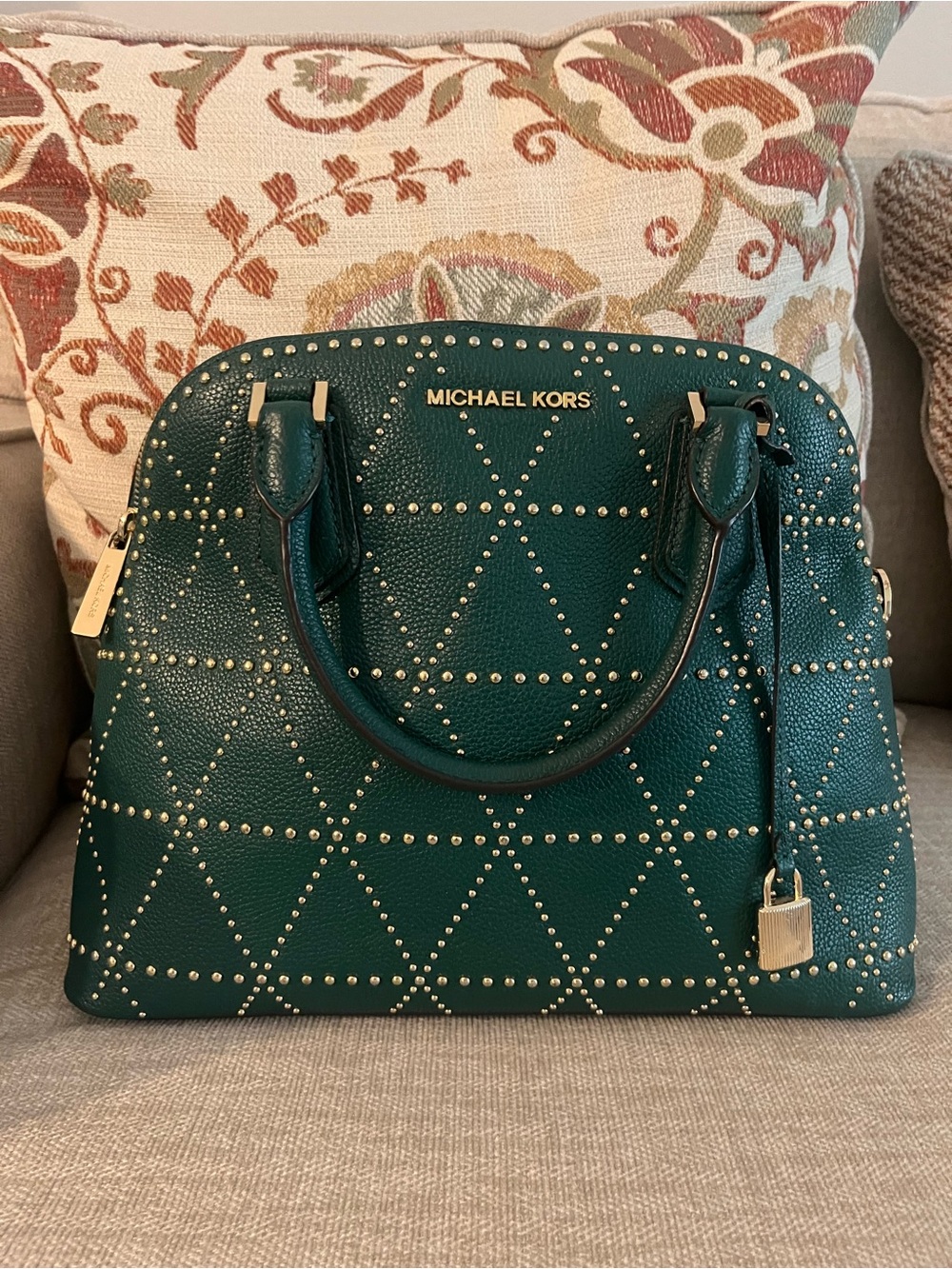 Michael Kors Green Studded Dome Satchel with Gold Hardware